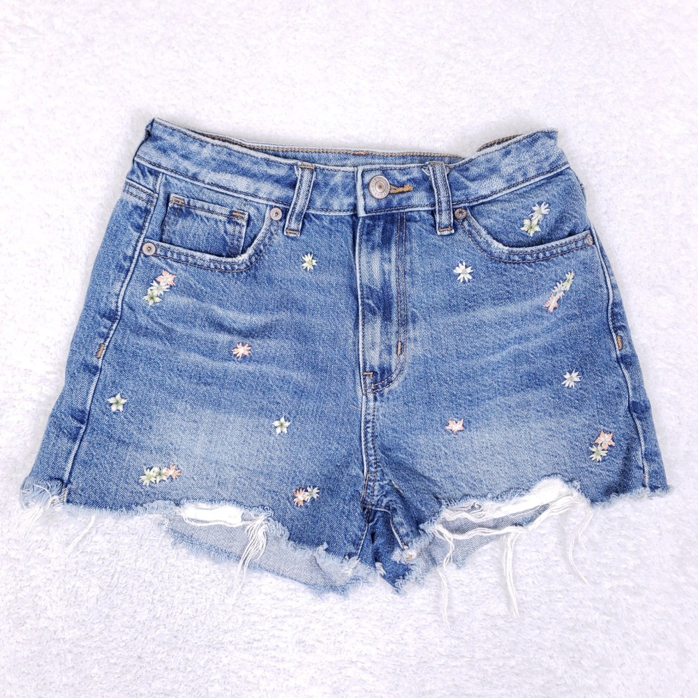 American Eagle Denim Shorts Womens 26 Mom Embroidered Floral Distressed Cutoff